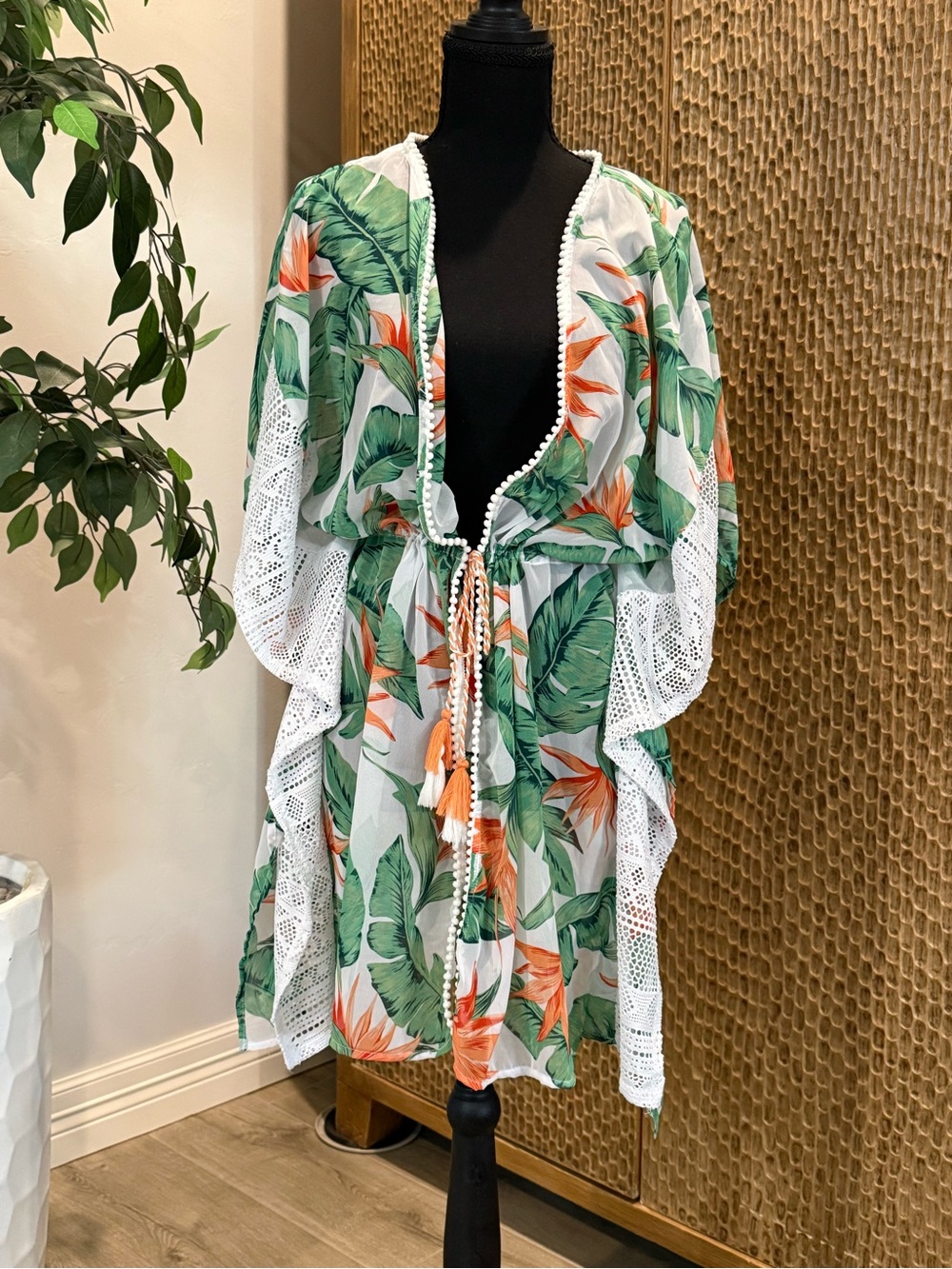 NWOT Miken Swim Tropical Coverup Lace Trim Pom Tassel Drawstring XL NEVER WORN